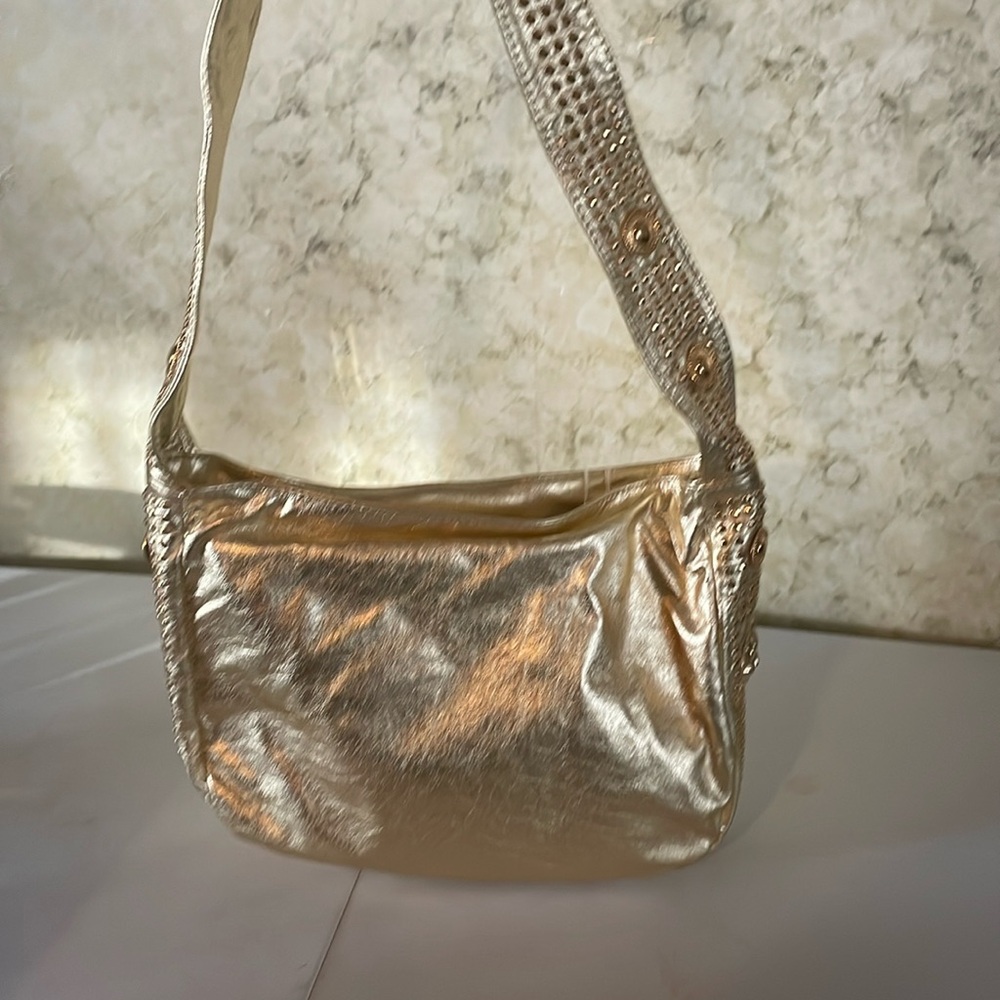 Gold long strap shoulder bag